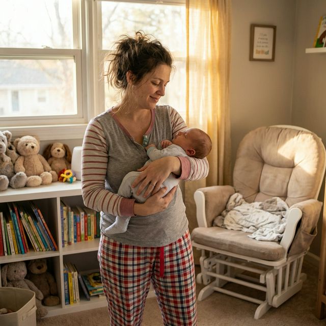 Mãe cansada mas amorosa cuidando do bebê